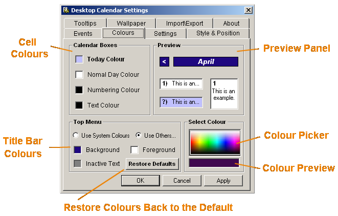 annotated colour settings