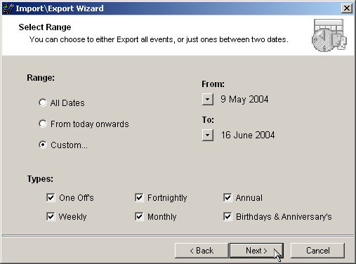 select date range and event types