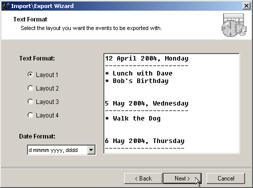 select the layout the events will be exported in