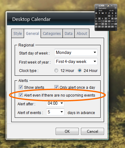 alert even if there are no upcoming events setting screenshot
